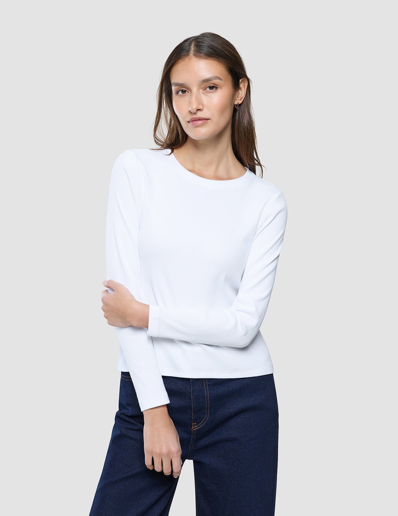 Women Rib T-Shirt Long Sleeve White